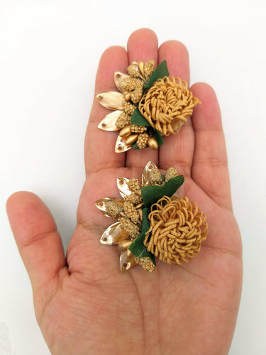 Handmade Brown Floral Applique with Beads, Flower Motifs x 2